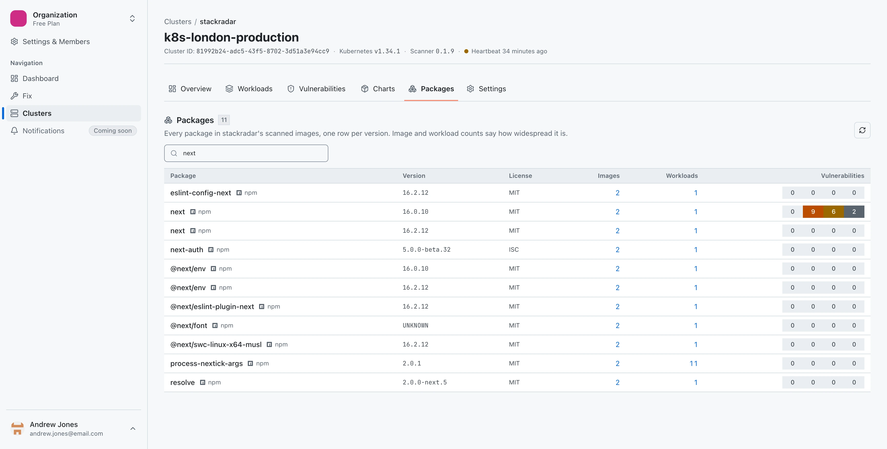 The packages tab filtered by a search: one row per package version with its license, image and workload counts, and severity counts showing one version affected while newer ones are clean