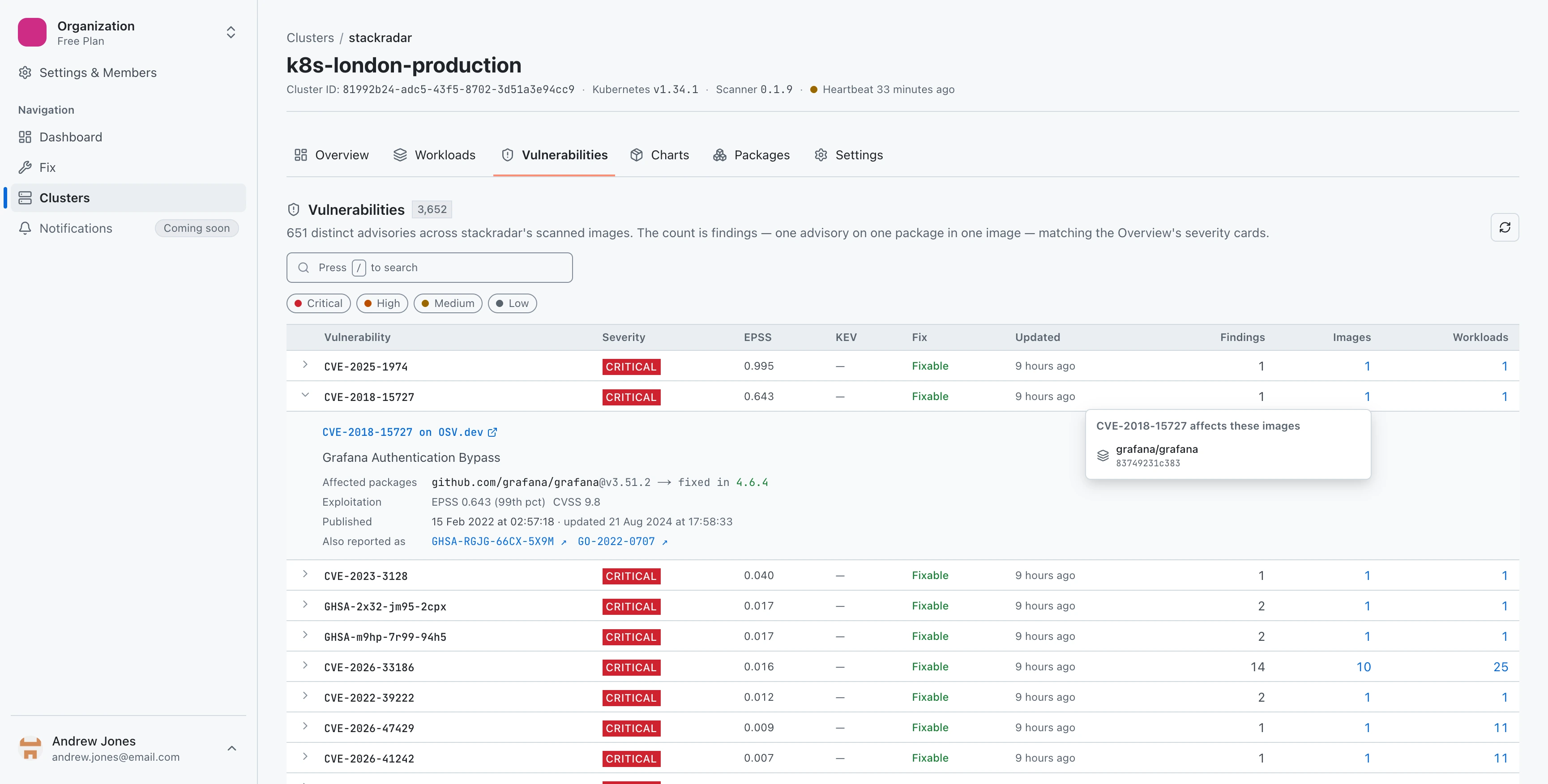 The vulnerabilities tab with one CVE expanded: severity, EPSS exploitation probability, the affected package with its fix version, and a link out to the advisory on osv.dev